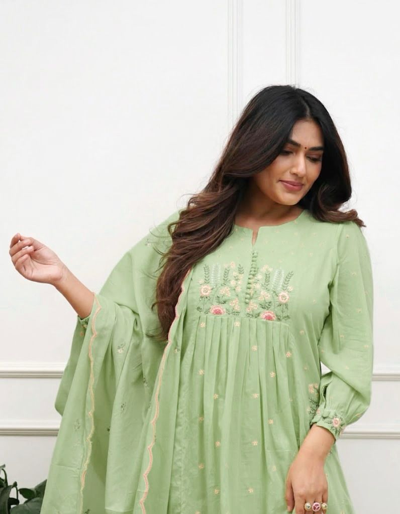 Embroidered Cotton Anarkali Set with Scalloped Dupatta - rykardia