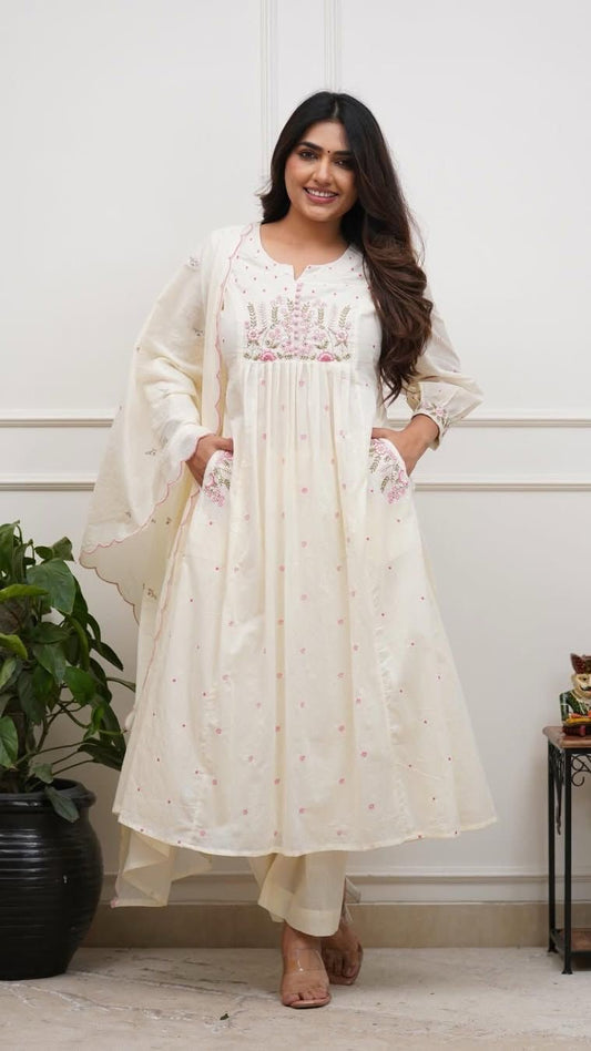 Embroidered Cotton Anarkali Set with Scalloped Dupatta - rykardia