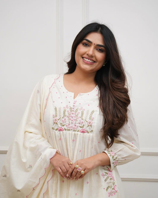 Embroidered Cotton Anarkali Set with Scalloped Dupatta - rykardia