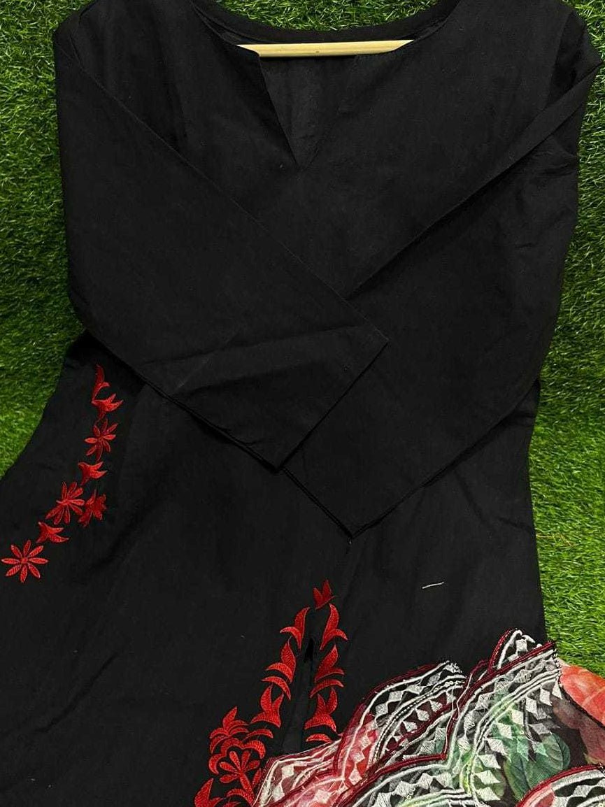 Floral Noir: Embroidered A - Line Suit Set with Organza Dupatta - rykardia
