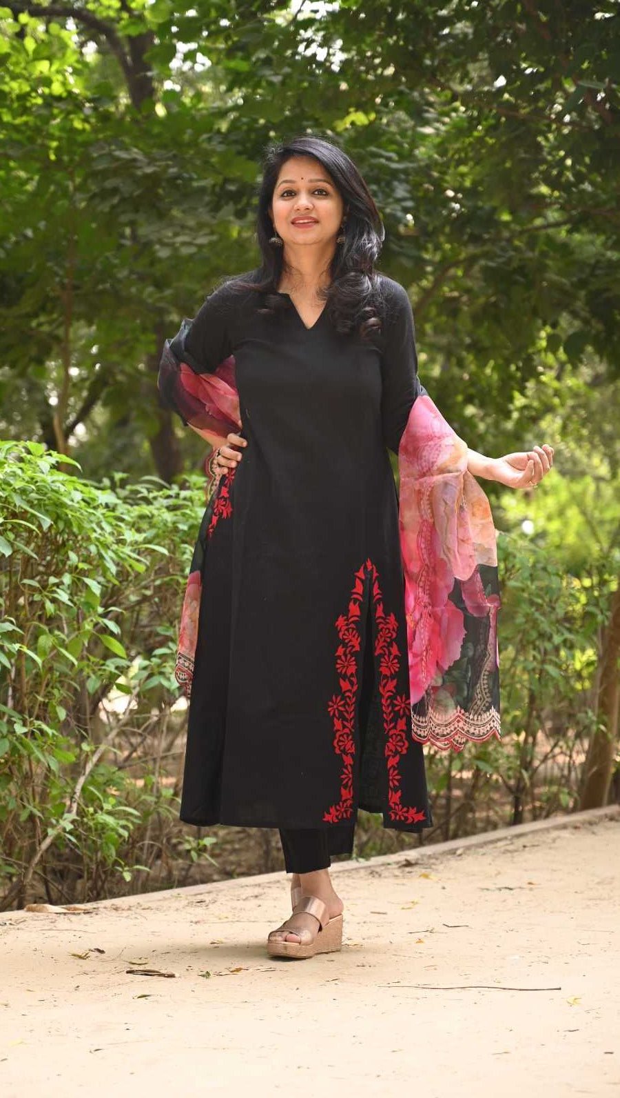 Floral Noir: Embroidered A - Line Suit Set with Organza Dupatta - rykardia