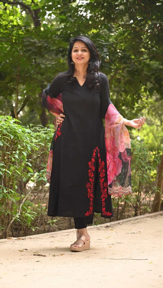 Floral Noir: Embroidered A - Line Suit Set with Organza Dupatta - rykardia