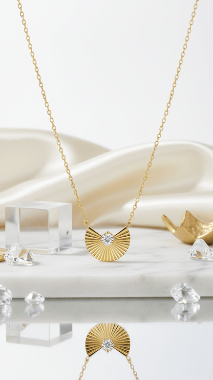 Gold Fan Pendant Necklace | Anti-Tarnish Crystal Minimalist Jewelry - rykardia