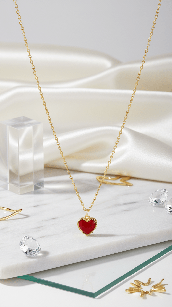 Gold Heart Pendant Necklace | Dainty Red Heart Jewelry for Her - rykardia