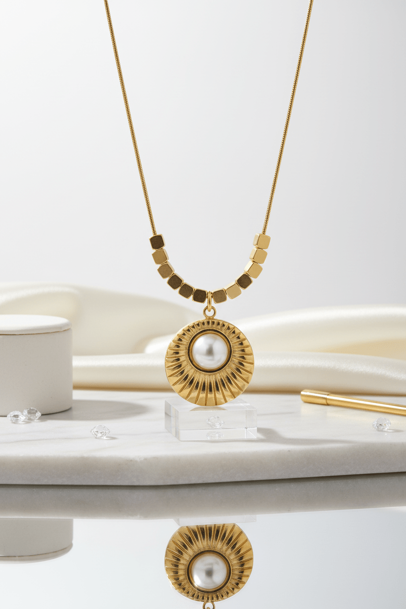 Gold Pearl Sunburst Pendant Necklace | Anti-Tarnish Stainless Steel - rykardia
