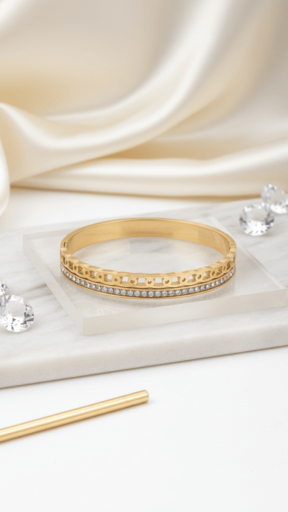 Gold-Plated Filigree Hinged Bangle | Stainless Steel Crystal Bracelet - rykardia
