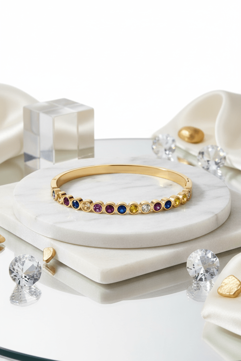 Gold-Plated Stainless Steel Multi-Color Bezel Set Stone Bangle - rykardia