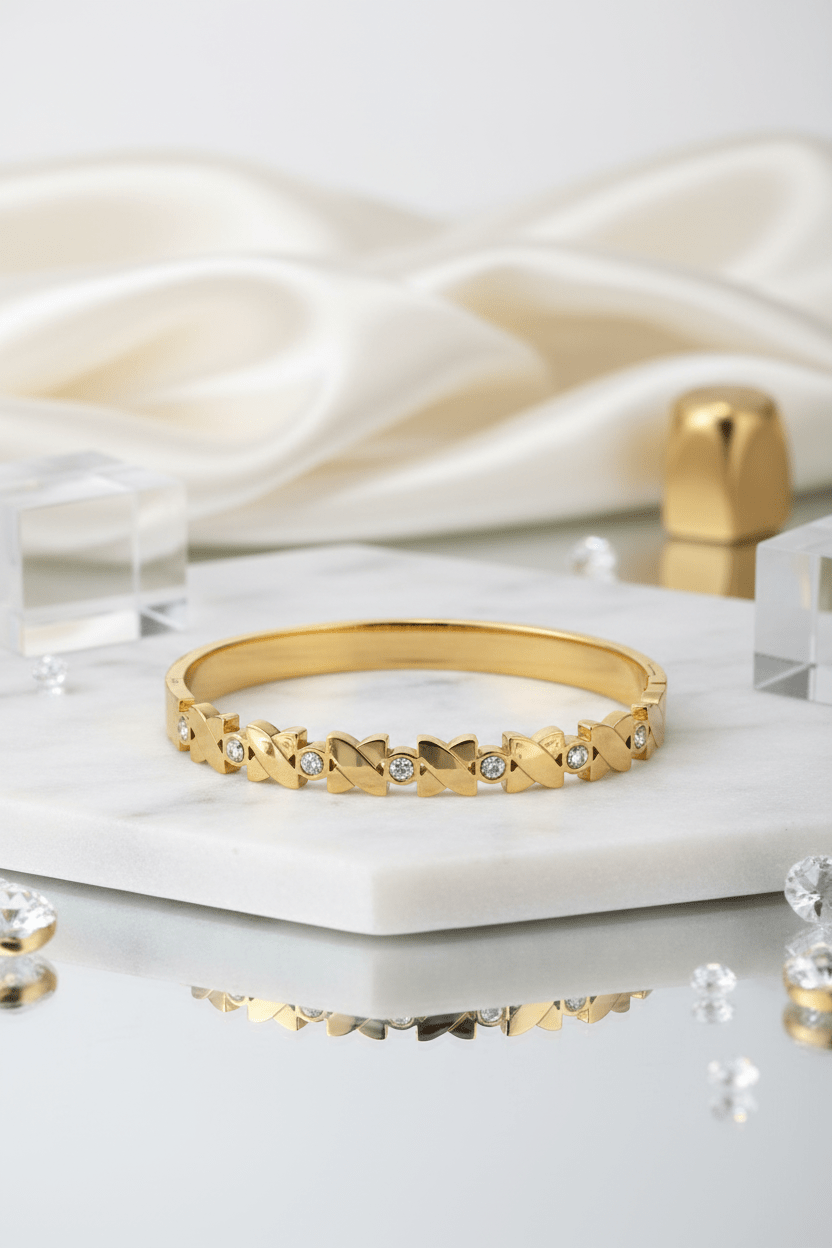 Gold-Plated Stainless Steel X-Link Crystal Bangle Bracelet - rykardia