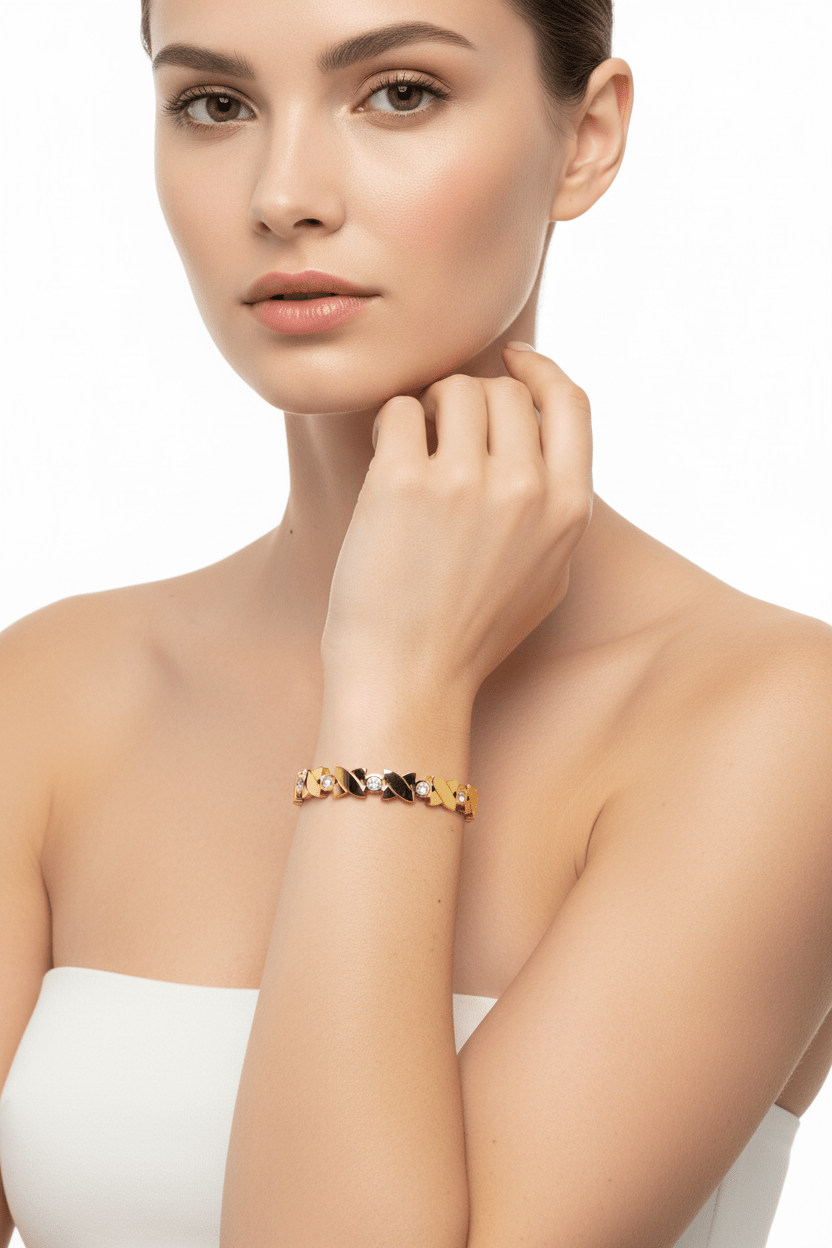 Gold-Plated Stainless Steel X-Link Crystal Bangle Bracelet - rykardia