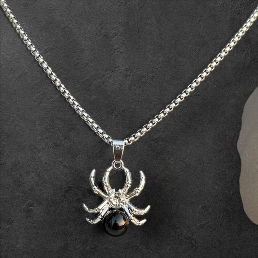 Intricate Spider Pendant Necklace with Polished Stone Accent - rykardia