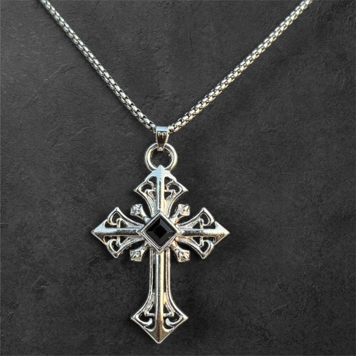Ornate Gothic Cross Pendant Necklace with Center Stone - rykardia