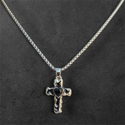 Ornate Heart Cross Pendant Necklace with Textured Chain - rykardia
