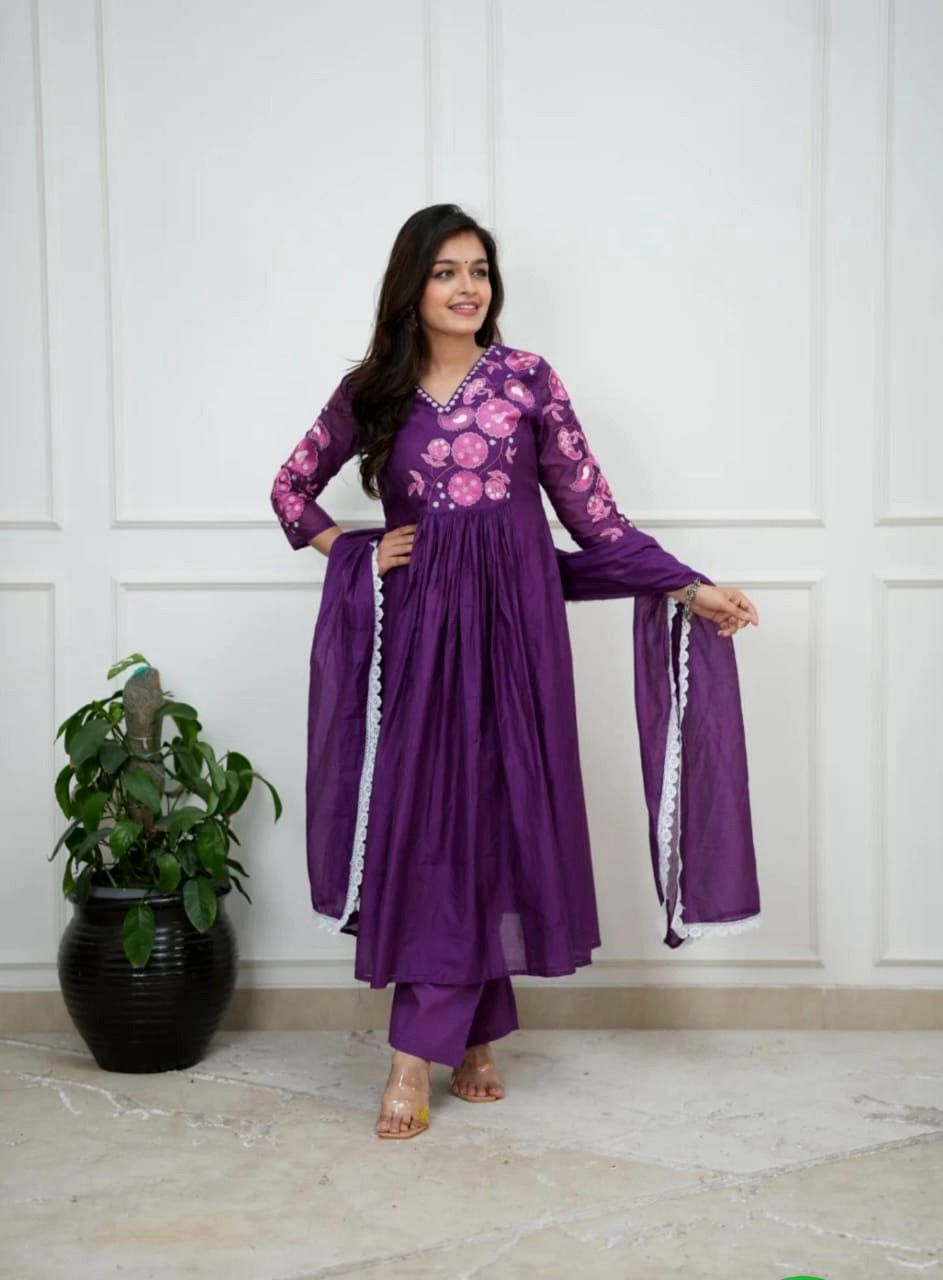 Premium Purple Hand - Embroidered Cotton Anarkali Set - rykardia