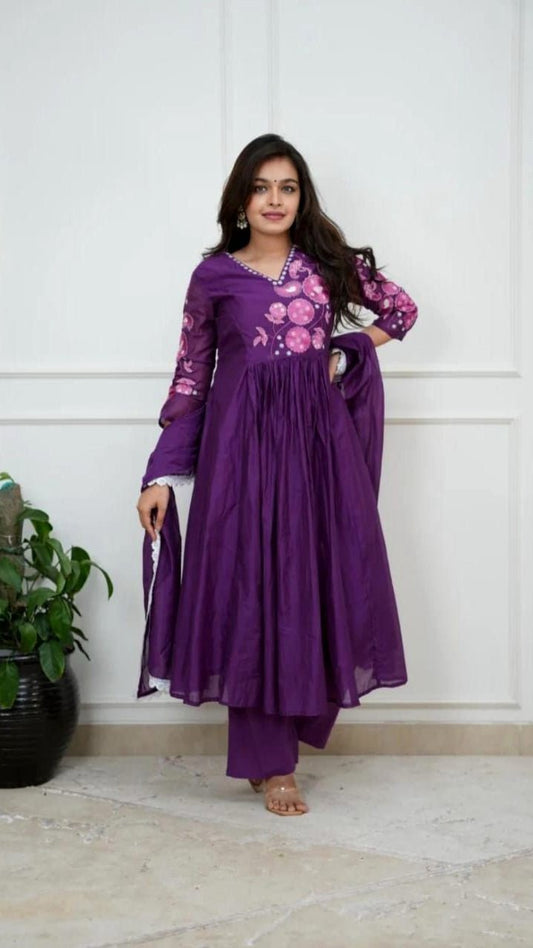 Premium Purple Hand - Embroidered Cotton Anarkali Set - rykardia