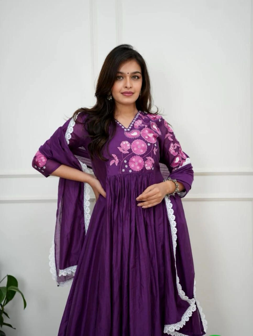 Premium Purple Hand - Embroidered Cotton Anarkali Set - rykardia