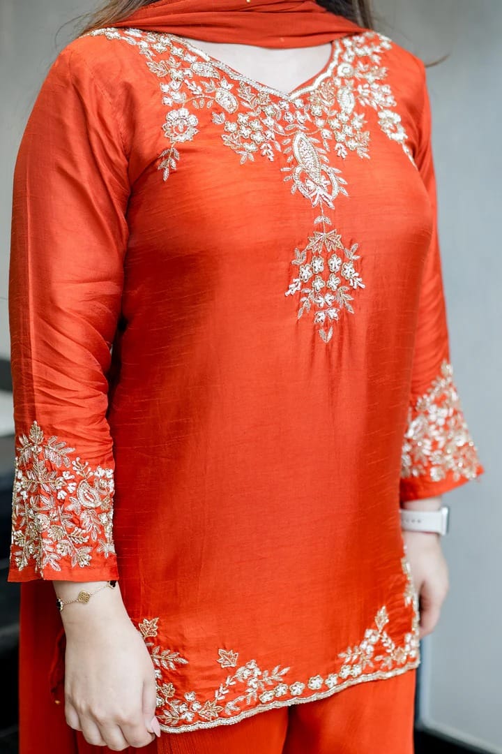 Royal Handwork Mul Chanderi Kurta & Plazzo Set with Chiffon Dupatta - rykardia