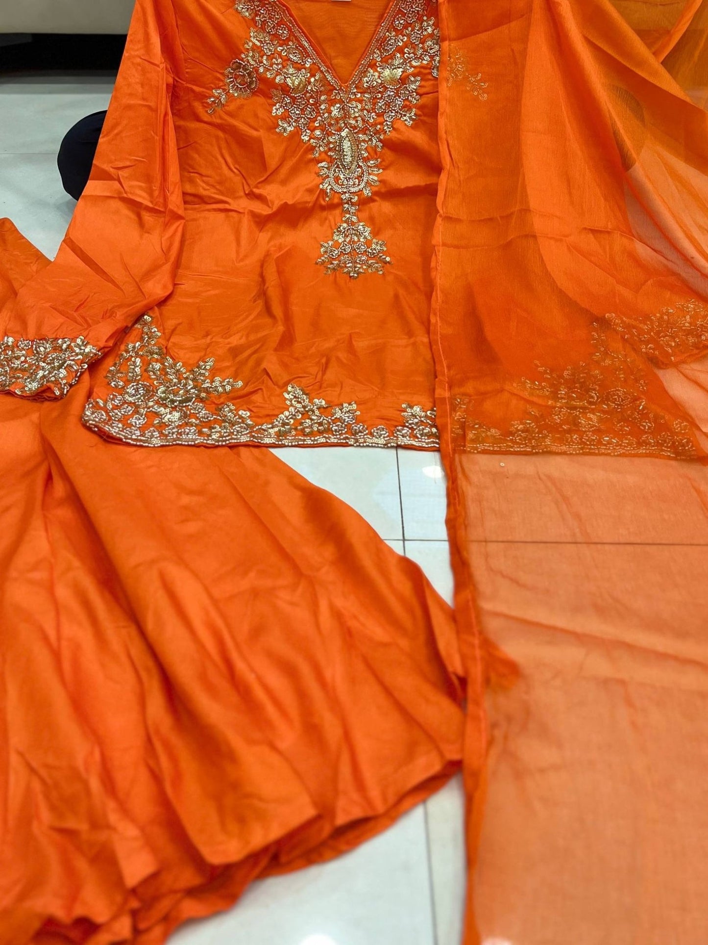 Royal Handwork Mul Chanderi Kurta & Plazzo Set with Chiffon Dupatta - rykardia