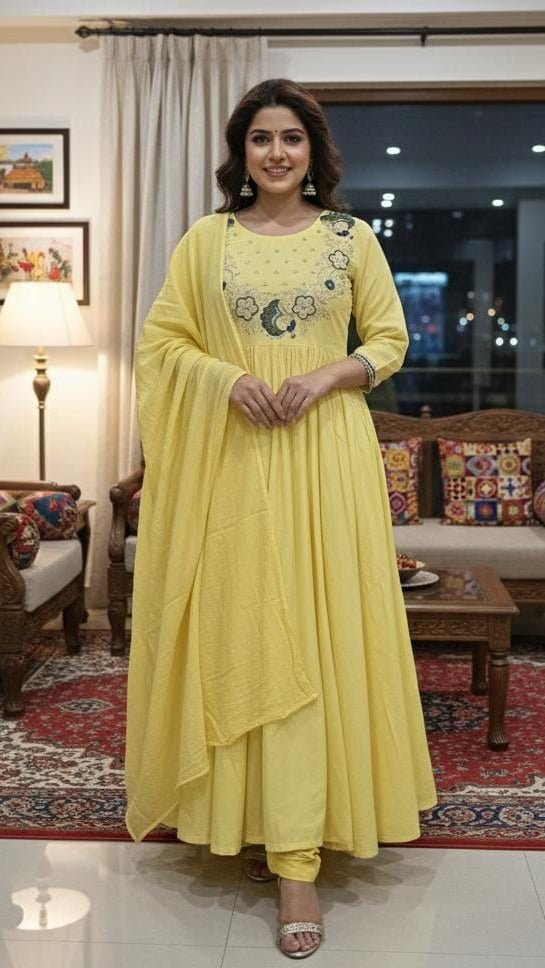Sun - Kissed Yellow Embroidered Anarkali Set - 3 - Piece Festive Collection - rykardia